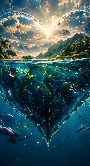Cinematic heart-shaped ocean split view