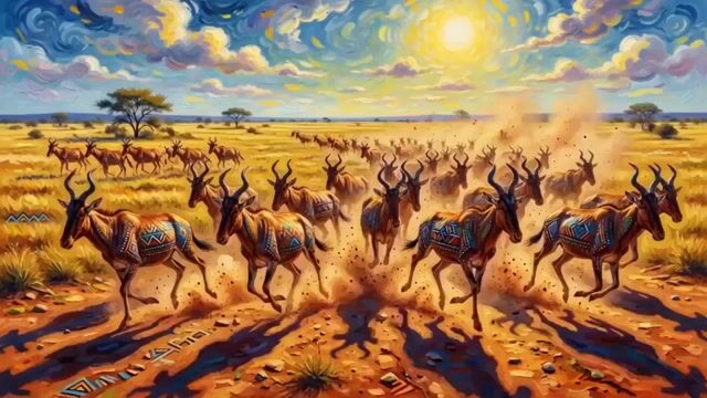 Red Hartebeest running in Kalahari summer