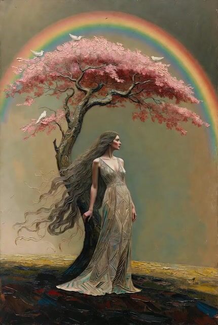 Ultra cinematic oil painting of woman and tree